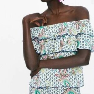 Zara Floral Paisley Off The‎ Shoulder Ruffle Top Women's Size XS